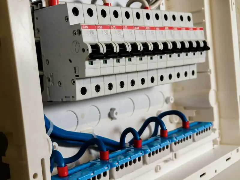 Tableau électrique ouvert : rangée de disjoncteurs modulaires et câbles bleus repérés