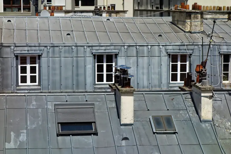 Toits en zinc avec fenêtres de toit, lucarnes et souches de cheminée alignées
