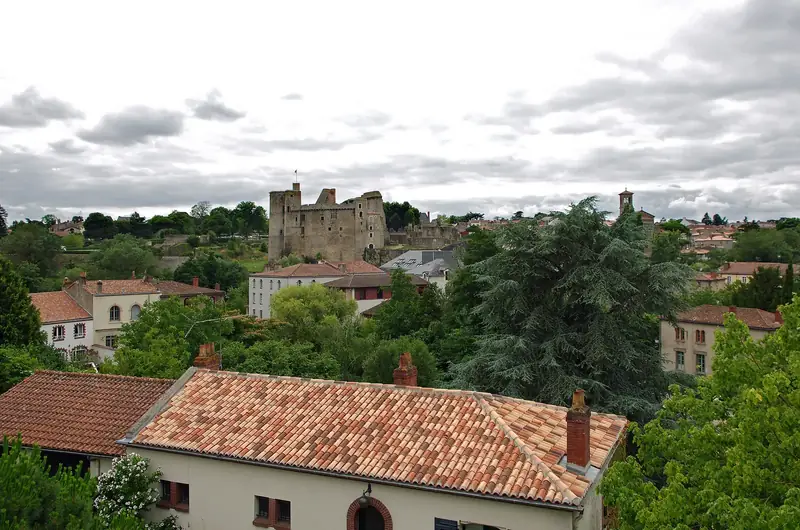 Toits de tuiles canal de Clisson dominés par le château médiéval, entre les arbres et les maisons